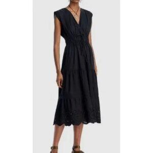 268$ Rails Lucia Eyelet Deep V Neck Midi Dress Sleeveless Women's Size S Black